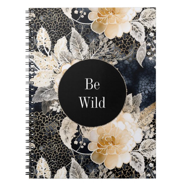 Chic Black Peach White Floral Leopard Animal   Notebook (Front)