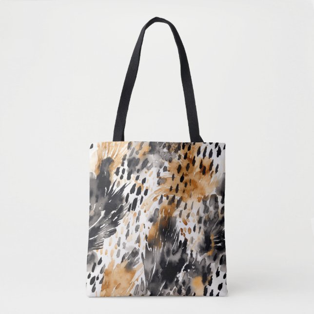 Chic Black Peach White Leopard Animal Print Tote Bag (Front)