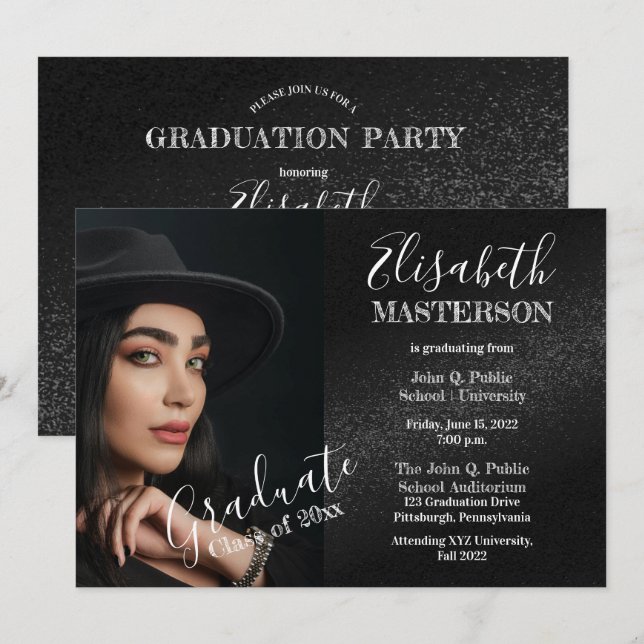 Chic Black Photo Graduation Announcement Party (Front/Back)