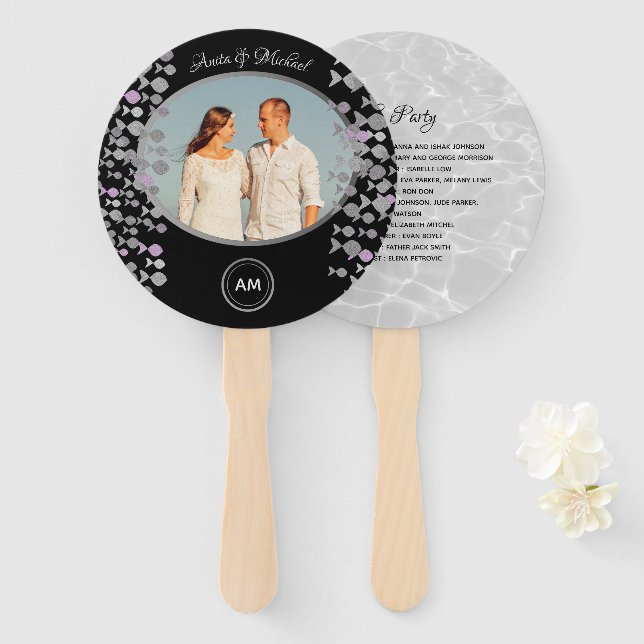 Chic Black Photo Wedding Program Hand Fan (Front and Back)
