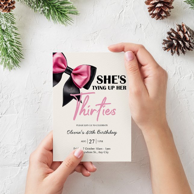 Chic Black & Pink Bow 40th Birthday Invitation (Creator Uploaded)