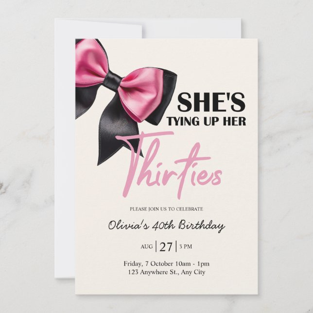 Chic Black & Pink Bow 40th Birthday Invitation (Front)