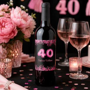 Chic Black Pink Faux Glitter 40th Birthday Wine Label