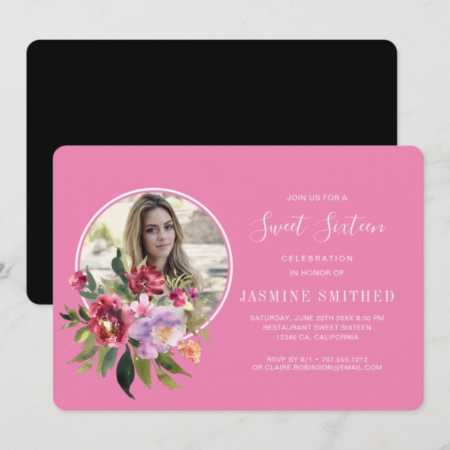 Chic Black Pink Floral Themed Photo Sweet 16 Invitation (Front/Back)