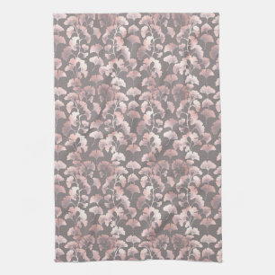 Chic Black Pink Ginkgo Pattern Tea Towel
