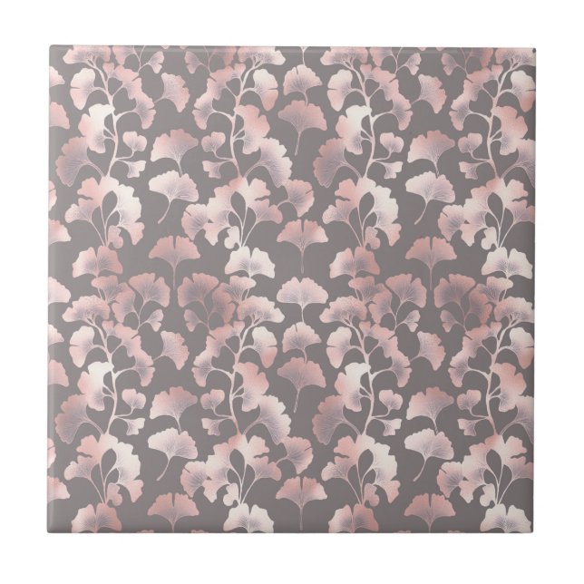 Chic Black Pink Ginkgo Pattern Tile (Front)