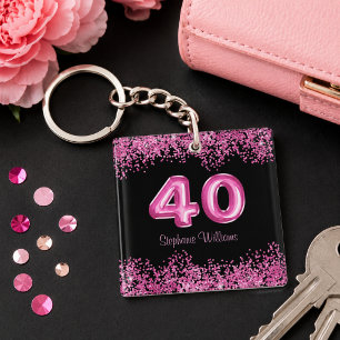 Chic Black Pink Glitter 40th Birthday Key Ring