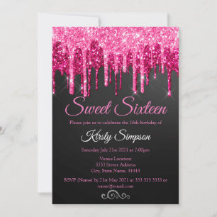 Chic Black Pink Glitter Sweet Sixteen Party Invita Invitation