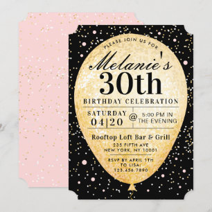 Chic Black Pink & Gold Balloon Birthday Invitation