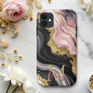 Chic Black Pink Gold Glitter Marble Monogram iPhone 11 Case