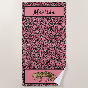 Chic Black Pink Gold Leopard Personalised Beach Towel