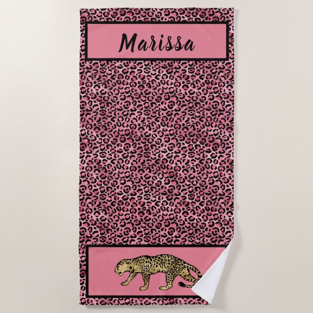 Chic Black Pink Gold Leopard Personalised Beach Towel (Front)