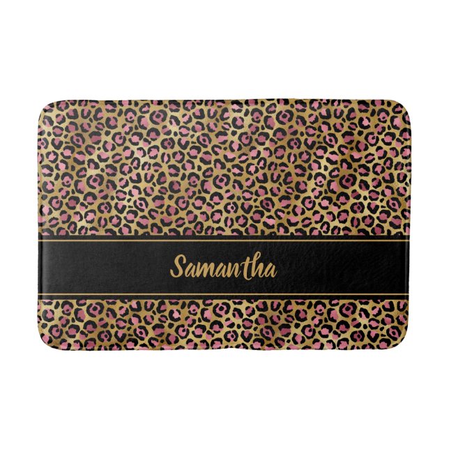 Chic Black Pink Gold Leopard Print Personalised Bath Mat (Front)