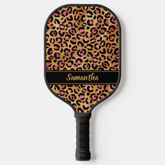 Chic Black Pink Gold Leopard Print Personalised Pickleball Paddle (Front)