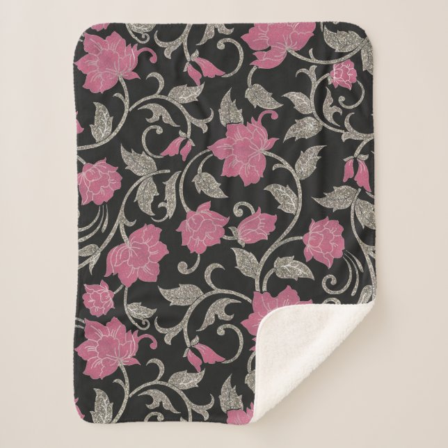 Chic black pink green glitter floral illustration sherpa blanket (Front)