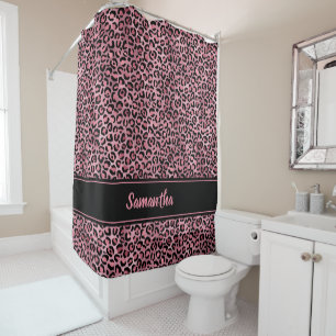 Chic Black Pink Leopard Print Personalised Shower Curtain