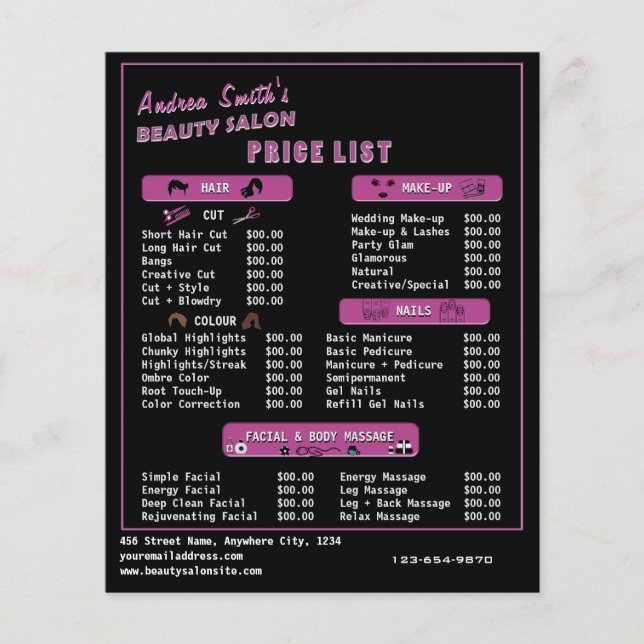 Chic Black Pink Modern Salon Services Price Menu (Front)