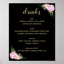Chic Black Pink Roses Drinks Menu