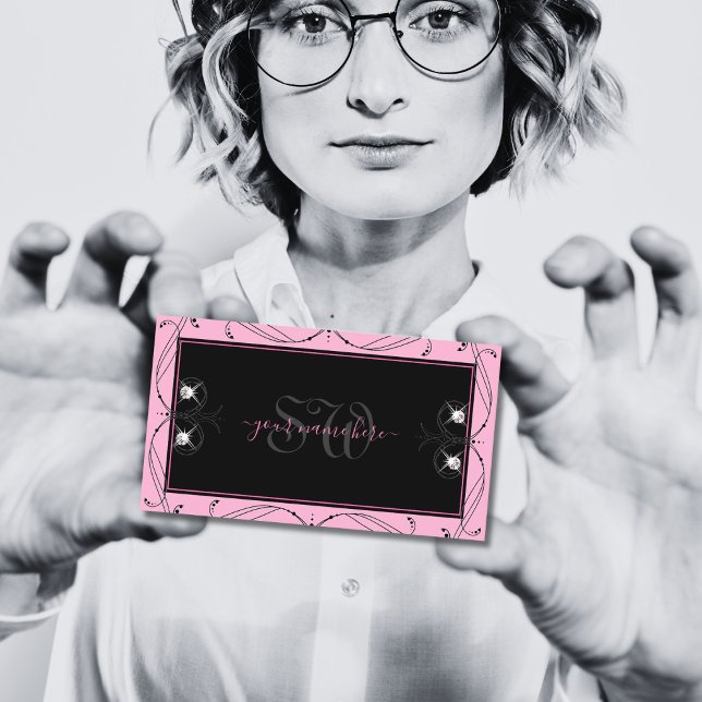 Chic Black Pink Sparkling Diamonds Initials Ornate Business Card (Creator Uploaded)