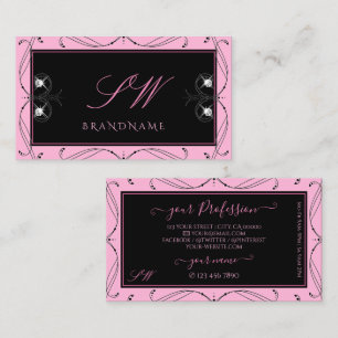 Chic Black Pink Sparkling Diamonds Monogram Ornate Business Card