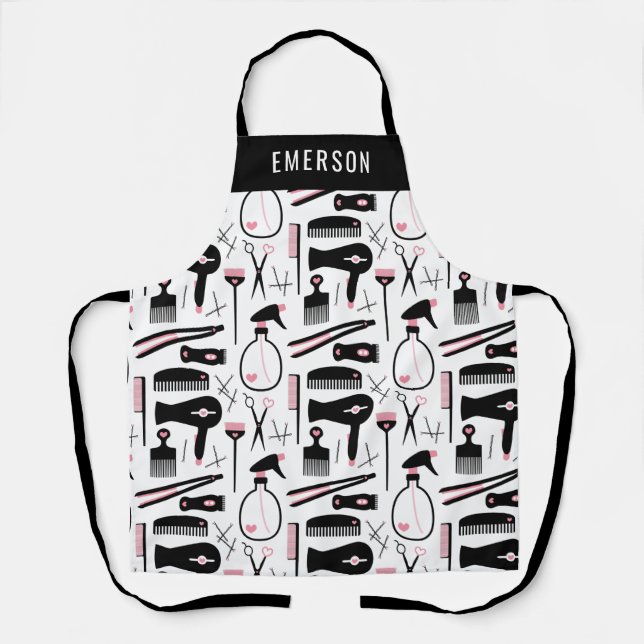 Chic Black Pink  White Hair Stylist Tools Add Name Apron (Front)