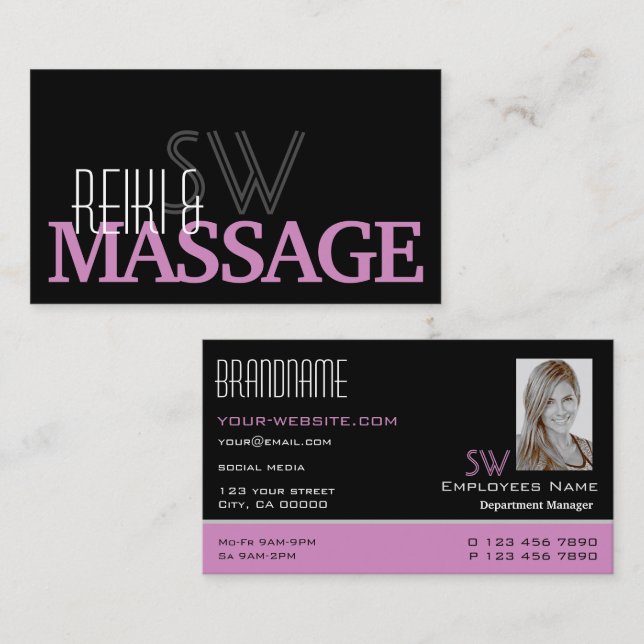 Chic Black Pink White Simple Monogram and Photo Business Card (Front/Back)