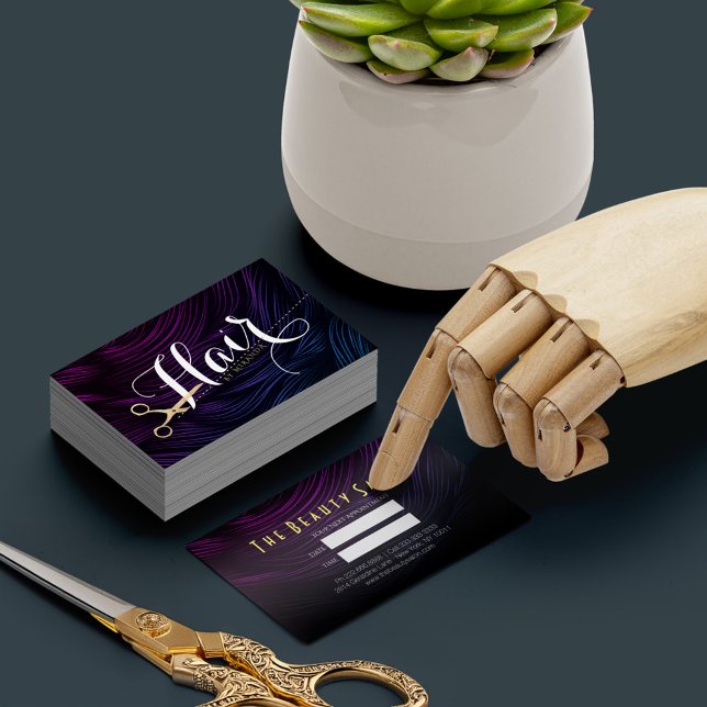 Chic Black Purple Faux Gold Scissors Hair Stylist Appointment Card (Creator Uploaded)