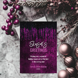 Chic black purple glitter drips damask Christmas  Holiday Card
