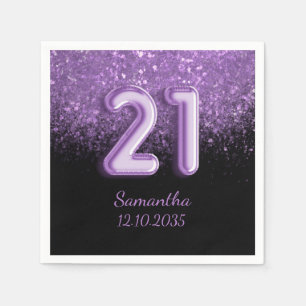 Chic Black & Purple Glitter Sparkle 21 Birthday Napkin