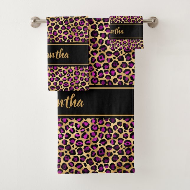 Chic Black Purple Gold Leopard Print Personalised Bath Towel Set (Insitu)