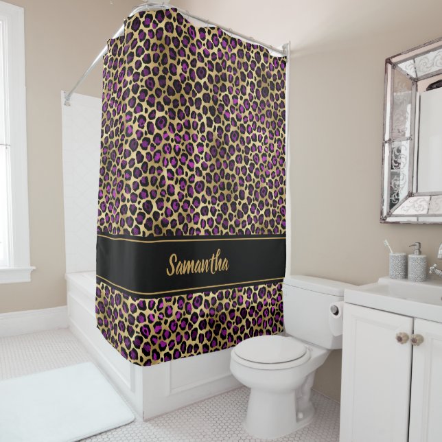 Chic Black Purple Gold Leopard Print Personalised Shower Curtain (In Situ)