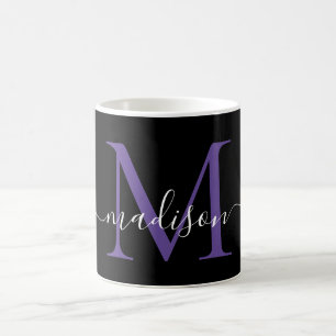 Chic Black Purple Violet Monogram Elegant Script Coffee Mug