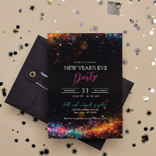 Chic Black Rainbow Glitter New Year's Eve Party Invitation