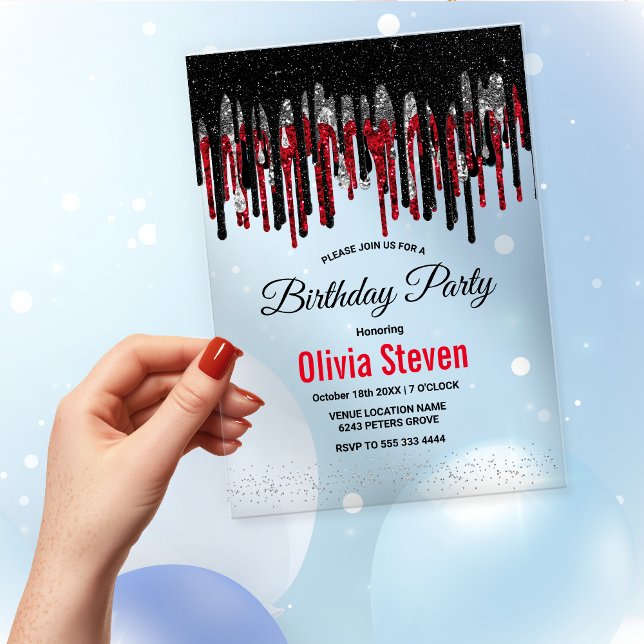 Chic black red and silver glitter drips birthday  acrylic invitations (Creator Uploaded)