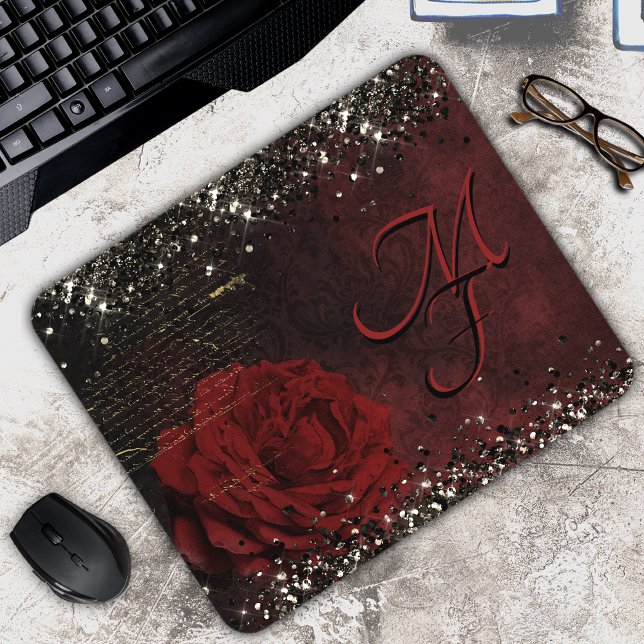 Chic black red gold glitter flower monogram notebo mouse mat (Creator Uploaded)