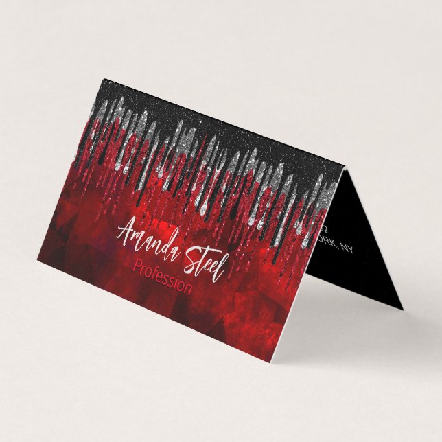Chic black red silver glitter drips monogram business card (Front)