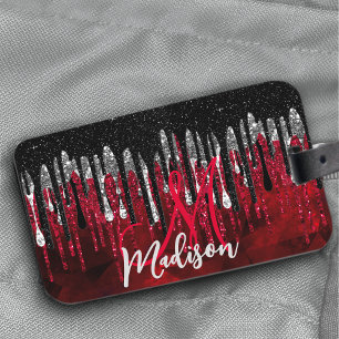 Chic black red silver glitter drips monogram luggage tag