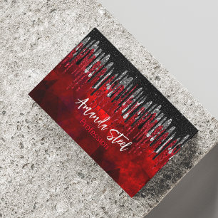 Chic black red silver glitter drips monogram 	Magnetic business card