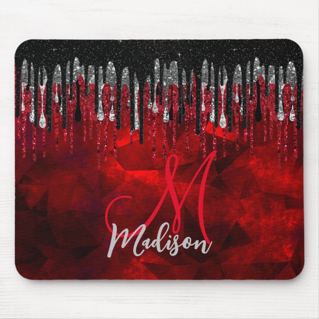 Chic black red silver glitter drips monogram mouse mat (Front)