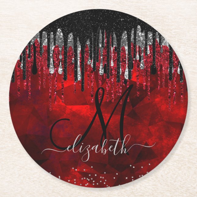 Chic black red silver glitter drips monogram paper round paper coaster (Front)