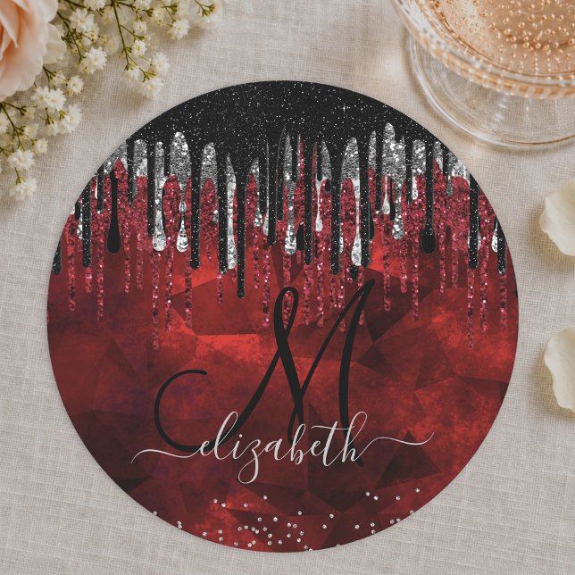 Chic black red silver glitter drips monogram paper round paper coaster (Creator Uploaded)