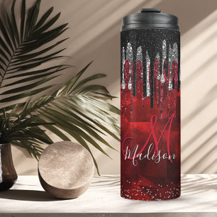 Chic black red silver glitter drips monogram thermal tumbler