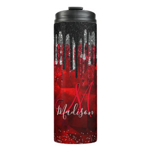 Chic black red silver glitter drips monogram thermal tumbler