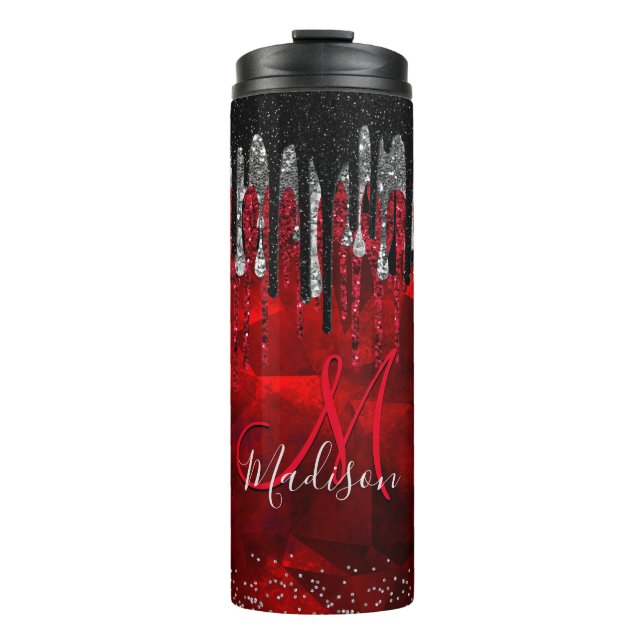 Chic black red silver glitter drips monogram thermal tumbler (Front)