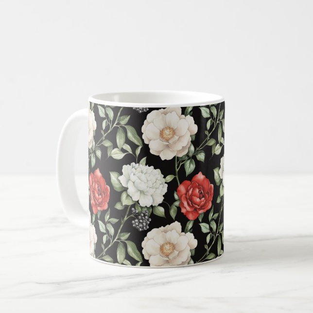 Chic Black Red White Flowers Coffee Mug (Front Left)