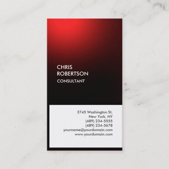 Chic black red white vertical unique business card (Front)