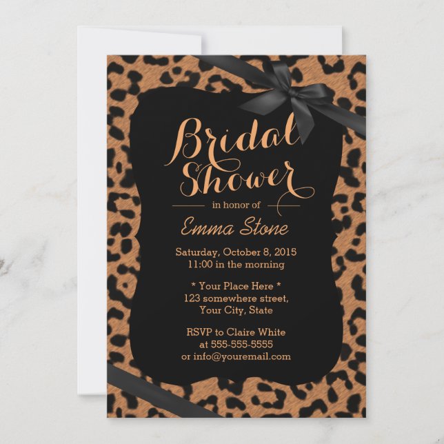 Chic Black Ribbon Leopard Print Bridal Shower Invitation (Front)