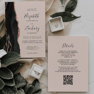 Chic Black Rose Gold Agate Blush QR Code Wedding Invitation