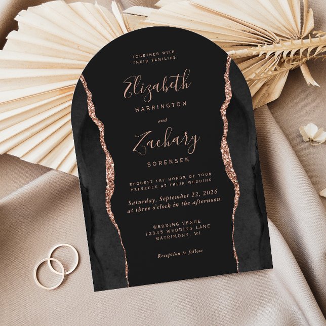 Chic Black Rose Gold Agate Dark Arch Wedding Invitation (Creator Uploaded)