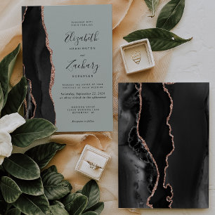 Chic Black Rose Gold Agate Sage Green Wedding Invitation